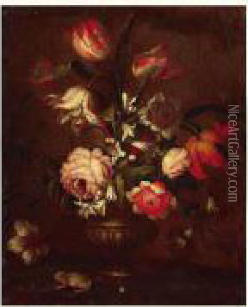 Attribue A Nicolas Van Den Bergh - Bouquet De Fleurs Et Grenouille Oil Painting - Nicolas Van Den Bergh