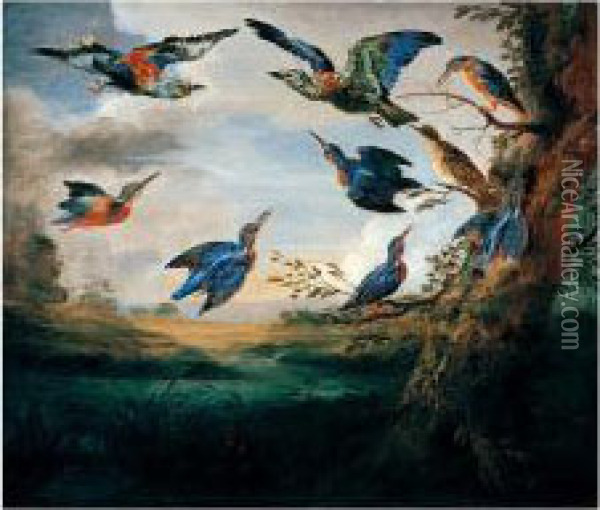 Kingfishers And Rollers In Flight In A River Landscape Oil Painting - Jan van Kessel