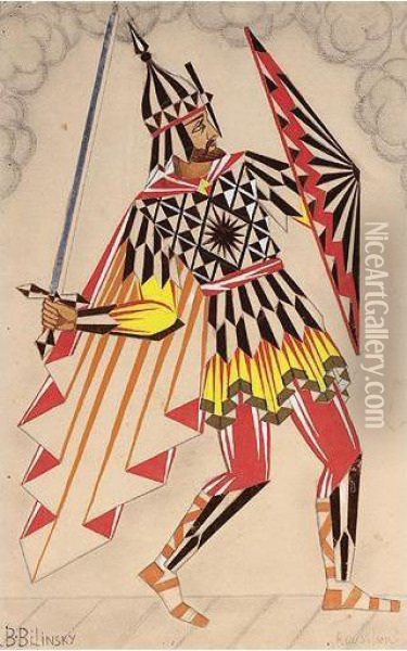 A Group Of Three Costume Designs, Comprising The Tsarevich From 'zhizn' Za Tsarya'; Design For Natalie Lissenko In 'sheherezade' And Ruslan From 'ruslan And Liudmila' (1930) Oil Painting - Boris Bilinsky