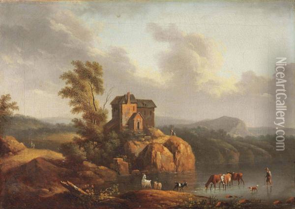 A Mountainous Landscape With A Farmstead On A Rock Near A Lake Oil Painting - Jacob Philipp Hackert