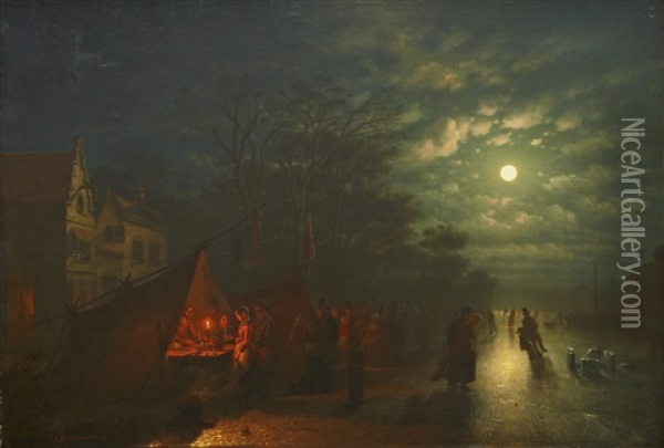 Evening With Skaters And A Crowd Oil Painting - Johann Mongels Culverhouse