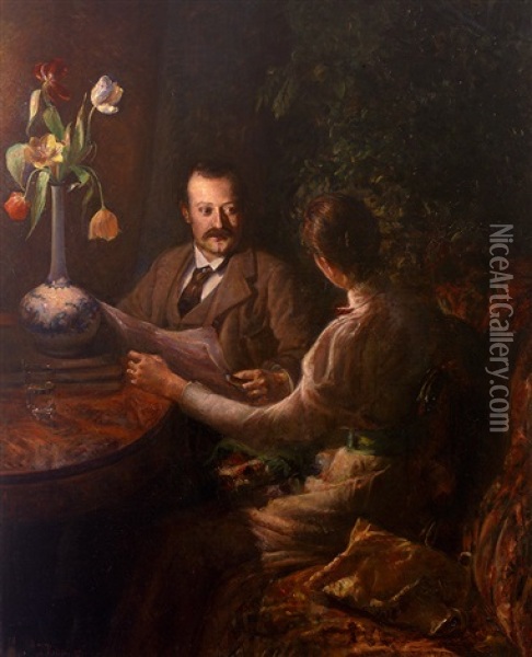 Plauderndes Paar In Interieur Zur Abendzeit Oil Painting - Ingeborg Martha Kolling Rode