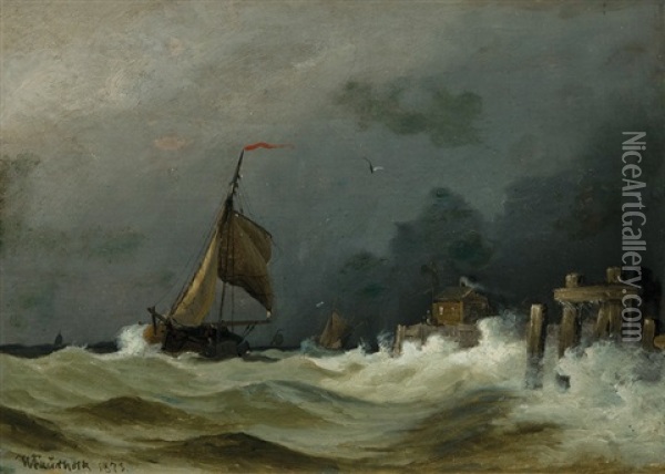 Choppy Sea With Lighter Oil Painting - Viggo Fauerholdt