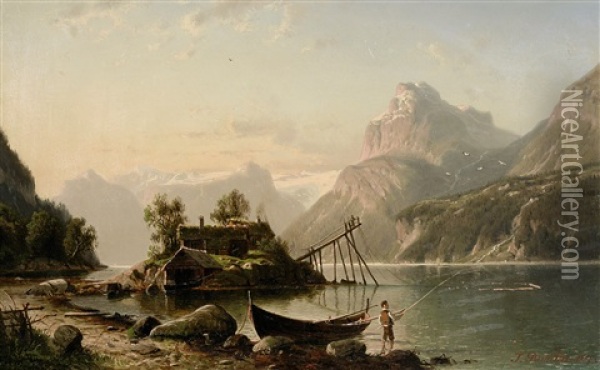Norwegischer Fjord Mit Angler Oil Painting - Johannes Bartholomaeus Duntze