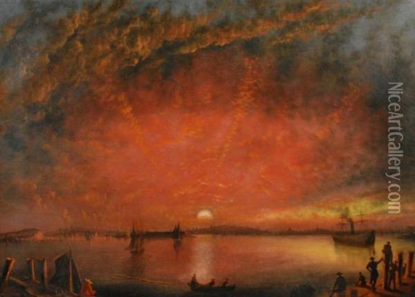 Sunset Over Baltimore Harbor Oil Painting - Nicolino Calyo