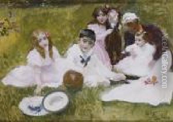 Ninos Y Ama En El Jardin. 1897 Oil Painting - Joaquin Sorolla Y Bastida