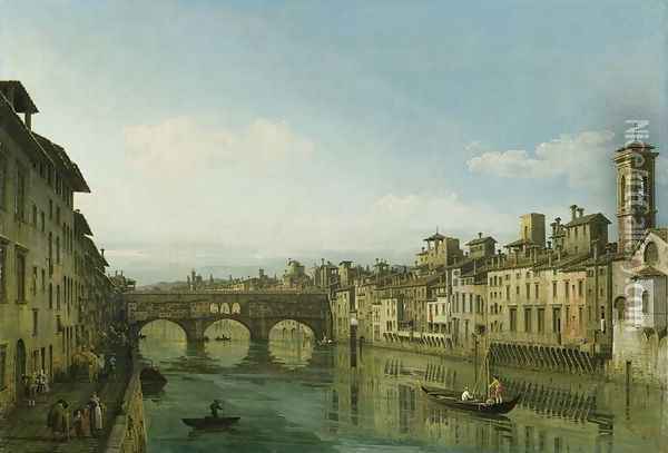 The Arno in Florence with the Ponte Vecchio, c.1745 Oil Painting - Bernardo Bellotto