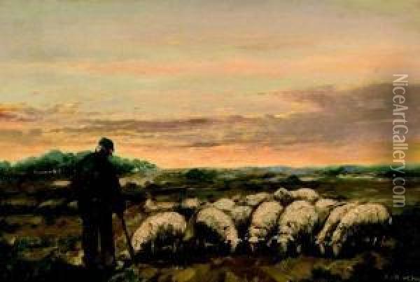 Herder Met Schapen Op De Heide Oil Painting - Fedor Van Kregten