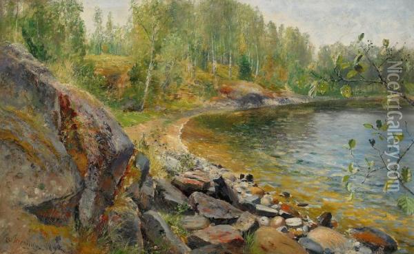 Strandmotiv I Sommargronska Oil Painting - Olof Hermelin