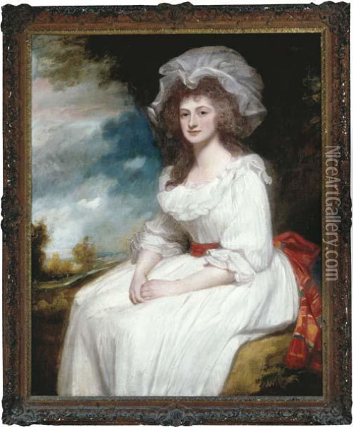 Portrait Of Mrs. Anne Blackburn,
 Three-quarter Length, In A Whitedress, A Landscape Beyond Oil Painting - George Romney