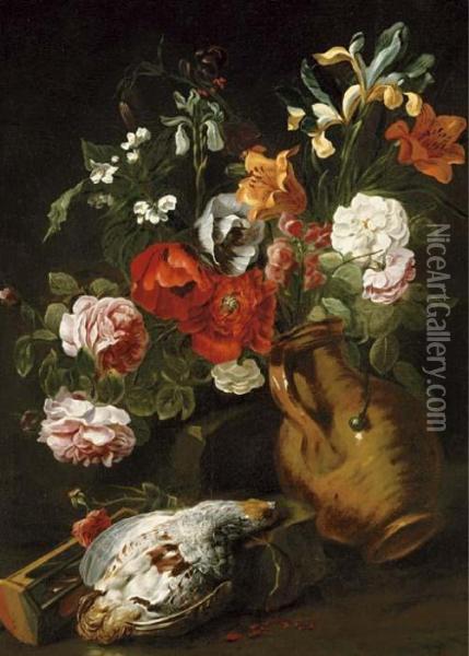 Roses, Iris, Poppies, Lilies And
 Other Flowers In A Tipped Earthenware Vase With A Partridge And 
Hourglass, On A Bank Oil Painting - Jan Fyt