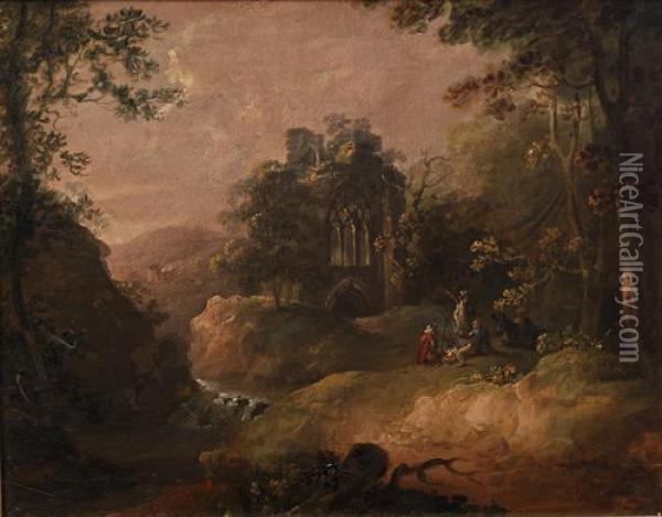 Wooded Landscape With Ruins And Figures And Donkey At A Camp Fire Oil Painting - Thomas Barker of Bath
