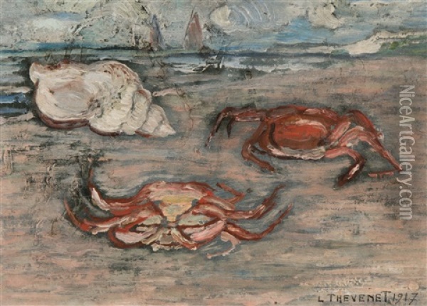 Crabs And Shell On The Beach (1917) Oil Painting - Louis Thevenet