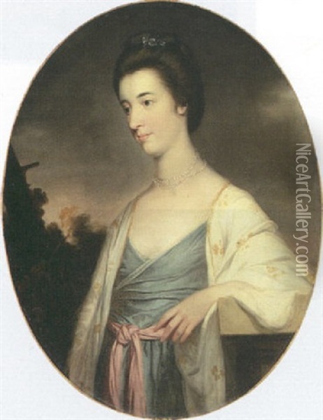 Portrait Of Miss Cauldwell In A Blue Dress, Pink Sash And White Wrap, By A Stone Ledge, A Landscape Beyond Oil Painting - Tilly Kettle