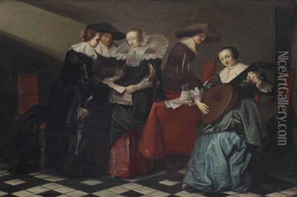 An Interior With An Elegant Company Making Music And Singing Oil Painting - Pieter Jacobs Codde