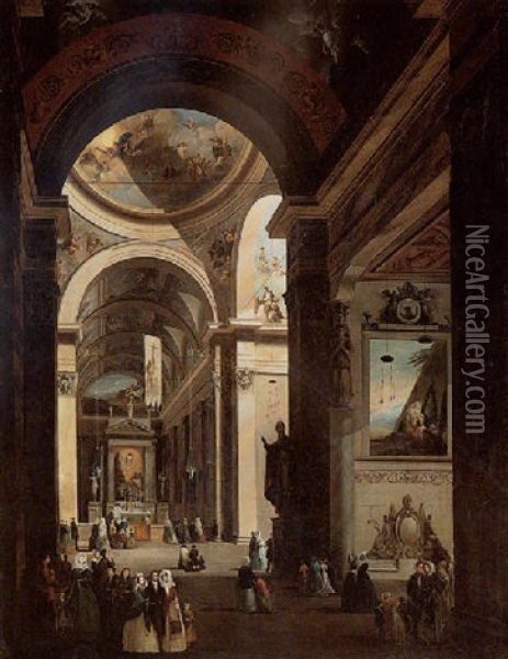 A Capriccio View Of The Interior Of The Church Of Santa Maria Della Passione, Milan, With Many Figures Oil Painting - Giuseppe Bernardino Bison