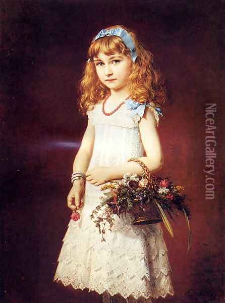 A Young Girl With A Basket Of Flowers Oil Painting - Conrad Freyberg
