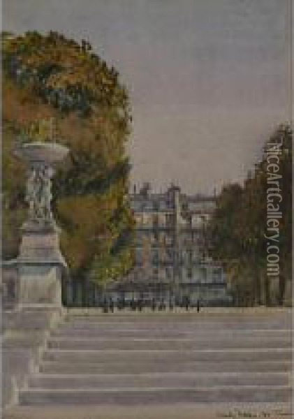 Paris Scene, Looking Up Park 
Steps Towards A Street Flanked By Trees, Inscribed 
