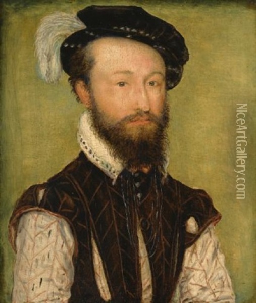 Portrait Of A Man, In A Slashed Jerkin Over A White Doublet In A Black Feathered Cap Oil Painting -  Corneille de Lyon