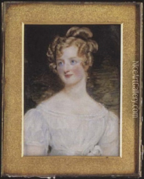 A Lady, Her Blonde Hair Dressed In A Bun And Ringlets, Wearing Decollete White Dress, Green Curtain Background Oil Painting - Sir William Charles Ross