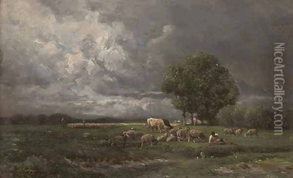 Shepherds grazing their flock Oil Painting - Charles Emile Jacque