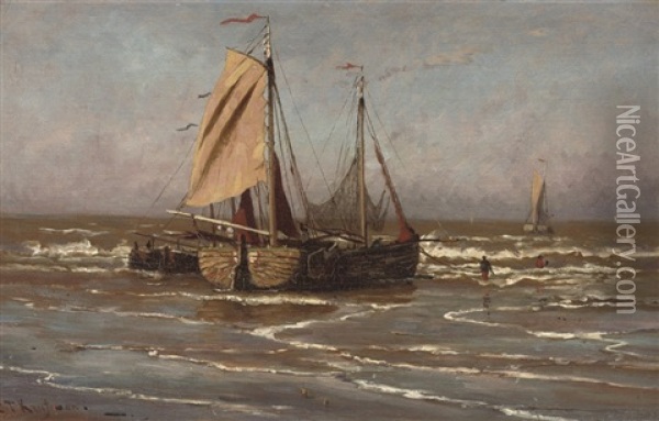 Boats In The Surf Oil Painting - Jan Theodoor Kruseman