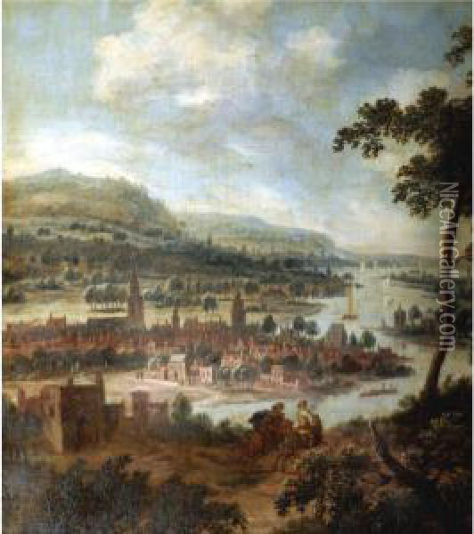 An Extensive River Landscape With Cavaliers Galloping In The Foreground Oil Painting - Dionys Verburgh