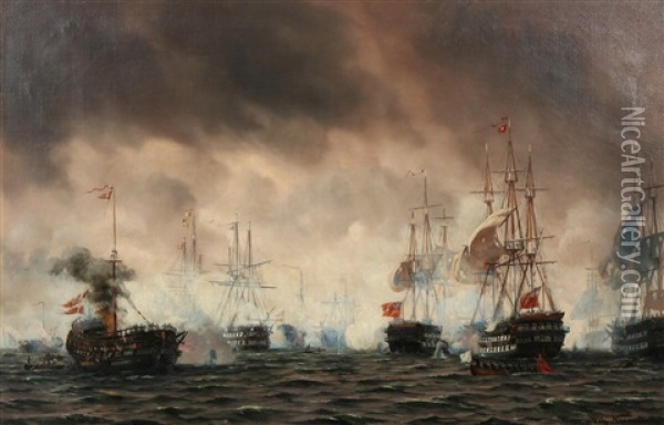 Slaget Paa Kjobenhavns Rehd, 2. April 1801, Set Fra Slagets Centrum Nord Eftv. Oil Painting - Johan Jens Neumann