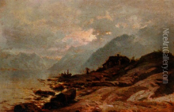 Figures Near The Rocky Shore Of A Fjord Oil Painting - Christian Rummelhoff