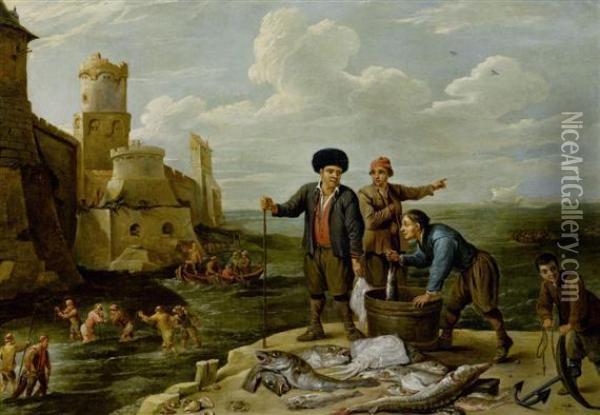 Fishing Scene At A Harbour Oil Painting - David The Younger Teniers