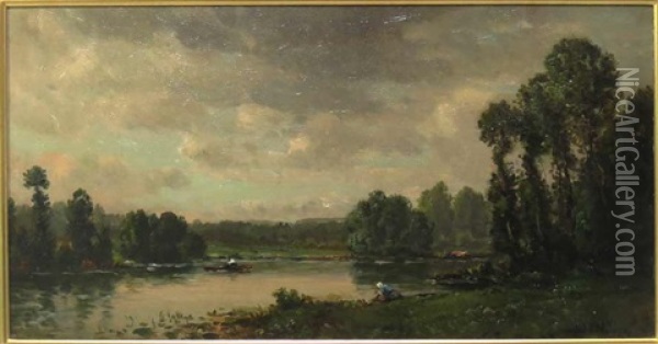 River Landscape, Man In Boat, Woman On Bank Oil Painting - Charles Francois Daubigny