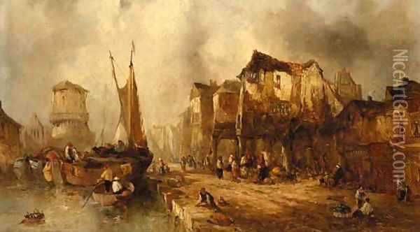 Barges approaching a quay Oil Painting - Alfred Montague