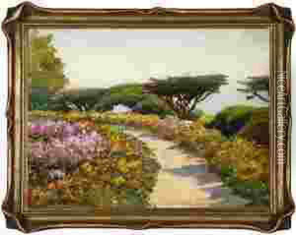 California Coastal With Cypress Trees And Flowers Oil Painting - William Adam