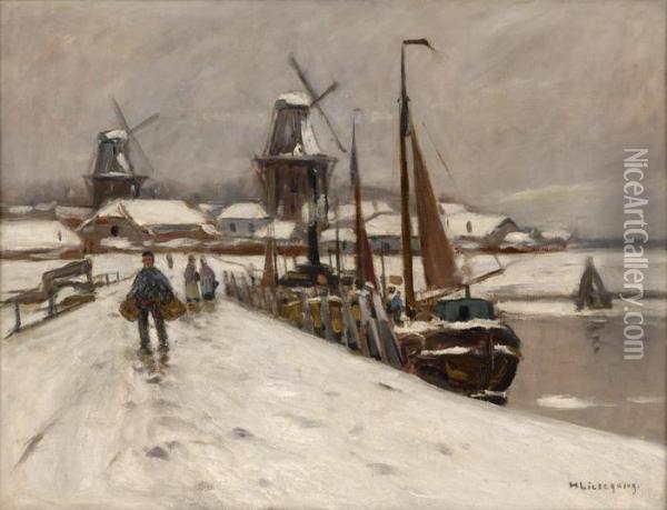 Hollandische Hafenstadt Im Winter. Oil Painting - Helmut Liesegang
