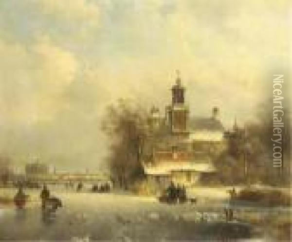 Numerous Skaters On The Ice By A
 Church, A Koek And Zopie And Asunlit Town In The Distance Oil Painting - Lodewijk Johannes Kleijn