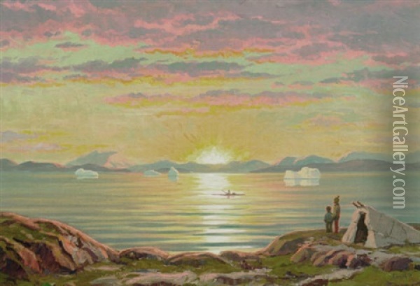Solnedgangsstemning Ved En Gronlandsk Kyst Oil Painting - Emanuel A. Petersen