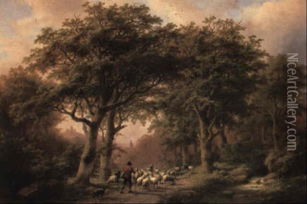 A Shepherd With His Flock On A Wooded Track Oil Painting - Johann Bernard Klombeck