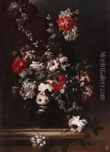 Roses, Carnations, Irises, Bluebells And Other Flowers In A Pewterurn Oil Painting - Tommaso Realfonso