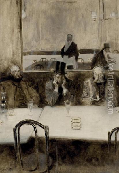 Paul Verlaine, Bibi La Puree Et Stephane Mallarme Au Cafe Procope Oil Painting - Serafino Macchiati