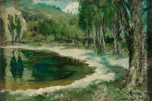 Fruhlingslandschaft Mit Teich Oil Painting - Ferdinand Leeke