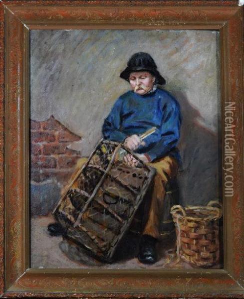 A Fisherman Mending A Lobster Pot Oil Painting - John William Gilroy