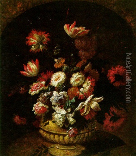 A Still Life Of Flowers In A Stone Urn Oil Painting - Pieter Casteels III