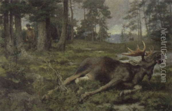 The Moose Hunt Oil Painting - Alfred William Strutt