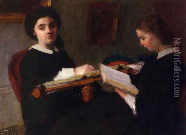 Two Young Women, Embroidering and Reading Oil Painting - Ignace Henri Jean Fantin-Latour