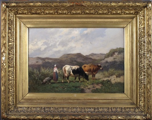Bergere Et Vaches Dans Les Dunes Oil Painting - Louis Robbe