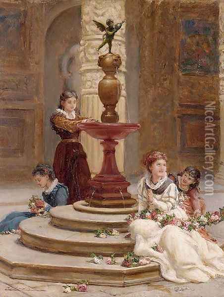 Girls making flower garlands beside a fountain Oil Painting - Frank William Warwick Topham