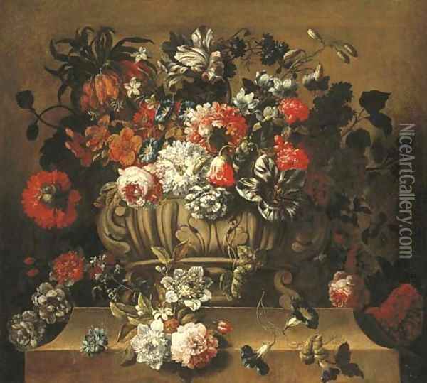 Tulips, a crown imperial lily, morning glory, roses, a peony and other flowers in a sculpted urn on a stone ledge Oil Painting - Gaspar-pieter The Younger Verbruggen