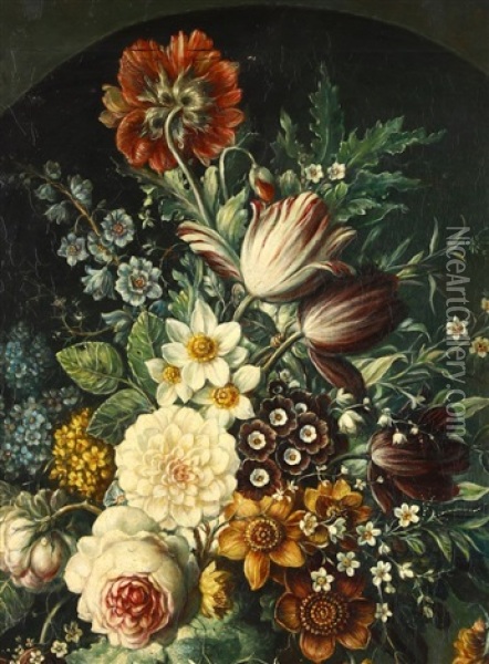 Still Life Of Flowers In An Urn On A Ledge In An Alcove Oil Painting - Jan van Os
