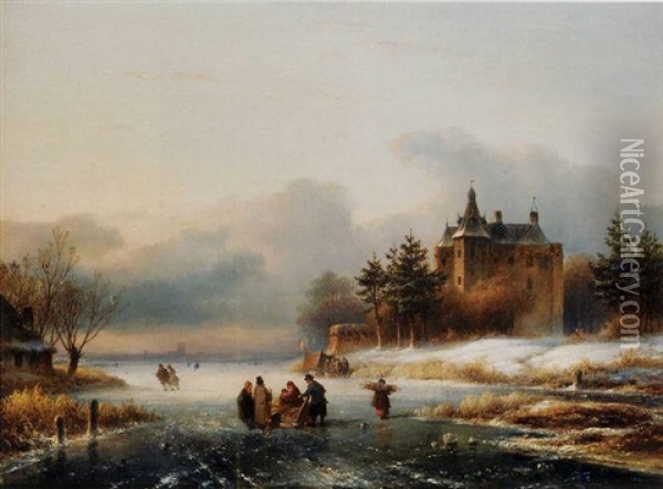 Villagers Conversing On The Ice, A Mansion Beyond Oil Painting - Lodewijk Johannes Kleijn