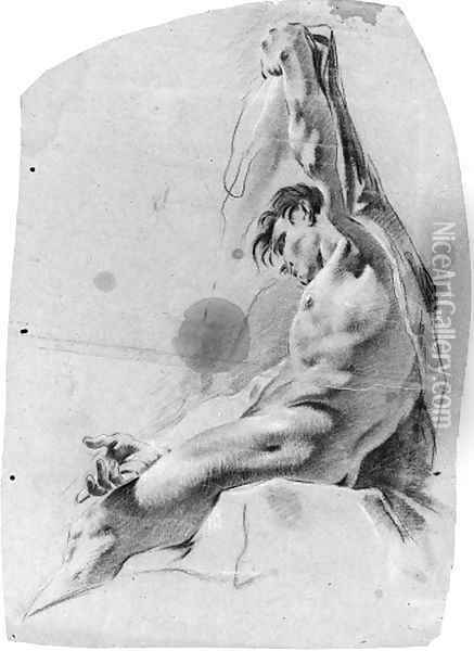 A seated nude in profile to the left raising his left arm Oil Painting - Giovanni Battista Piazzetta